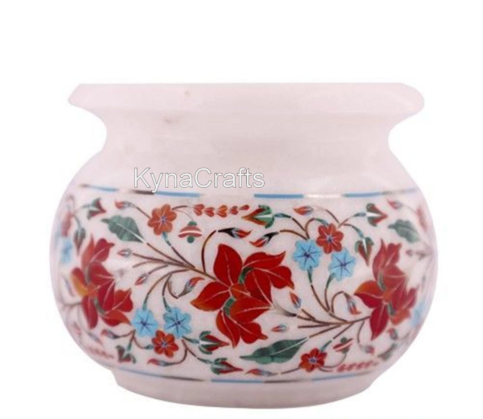 4 Inches Marble Flower Pot Multicolor Stone Inlay Work Living Room Plant Pot