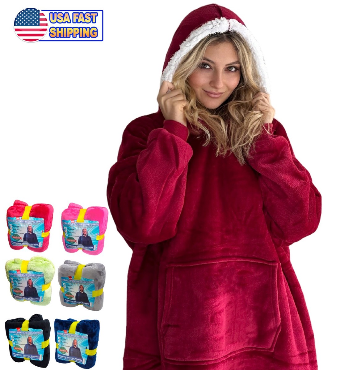 Softan Oversized Sherpa Fleece Hoodie Blanket, One Size, Pink, Wearable