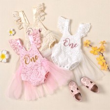Baby Girl One Birthday Outfits Sleeveles Romper Bodysuits Ruffle Lace Tutu Dress