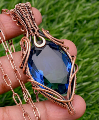 Beautiful Blue Topaz Gemstone Copper Wire Wrapped Handmade Jewelry Pendant 2.36''