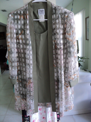 R&M RICHARDS OPEN FRONT BEIGE & OLIVE JACKET LONG SLEEVE SIZE 10