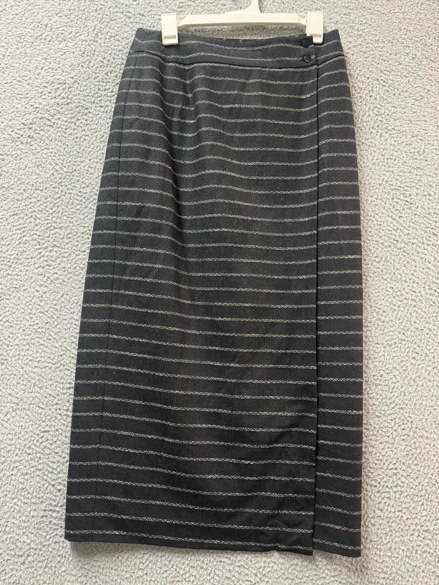 Liz Claiborne Maxi Skirt Womens 10 Gray Wool Blend Striped Wrap