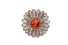 Vintage Sterling Silver 925 Amber Flower Ring Size 8 Filigree