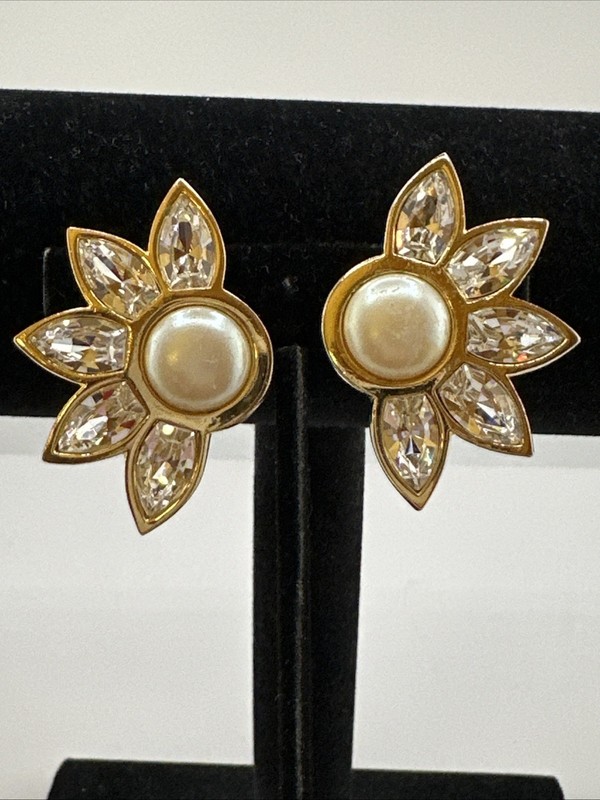Vintage Swarovski Signed S.A.L. Crystal Faux Pearl Earrings Gold Tone Clip On
