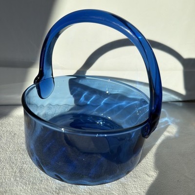  Vintage Cobalt Blue Glass Vase Basket Subtle Optic Design Applied Handle