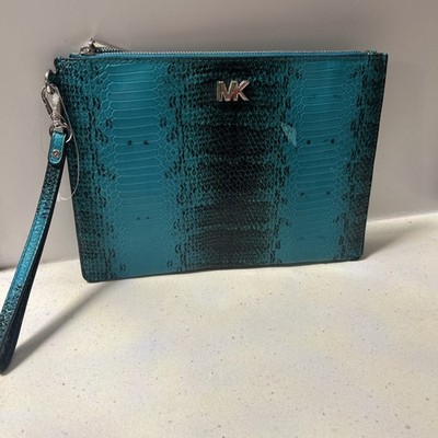 Michael Kors Tile Blue Python Snake Medium Pouch Clutch Embossed Leather Read