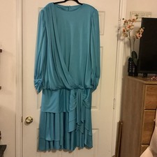 Jovani Vintage 1980’s Teal Cocktail Dress With Drape Bodice & Tiered Skirt Sz 18