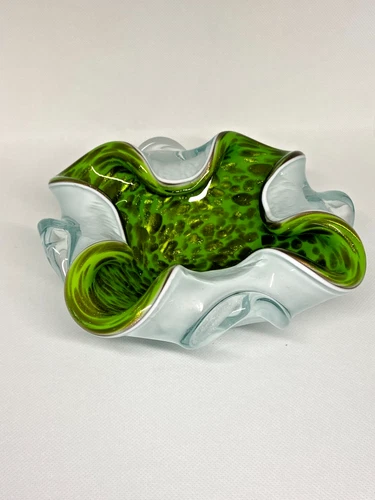 Vintage Murano? Gold Fleck Green Aventurine Art Glass Bowl Candy Dish