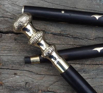 Vintage Cane Walking Stick Brass Designer Engraved Handle Victorian Wooden Cane