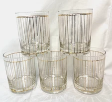 Vintage Mid Century Gold Stripe Rocks Cocktail Low Ball Glasses Set of 5  4.25”