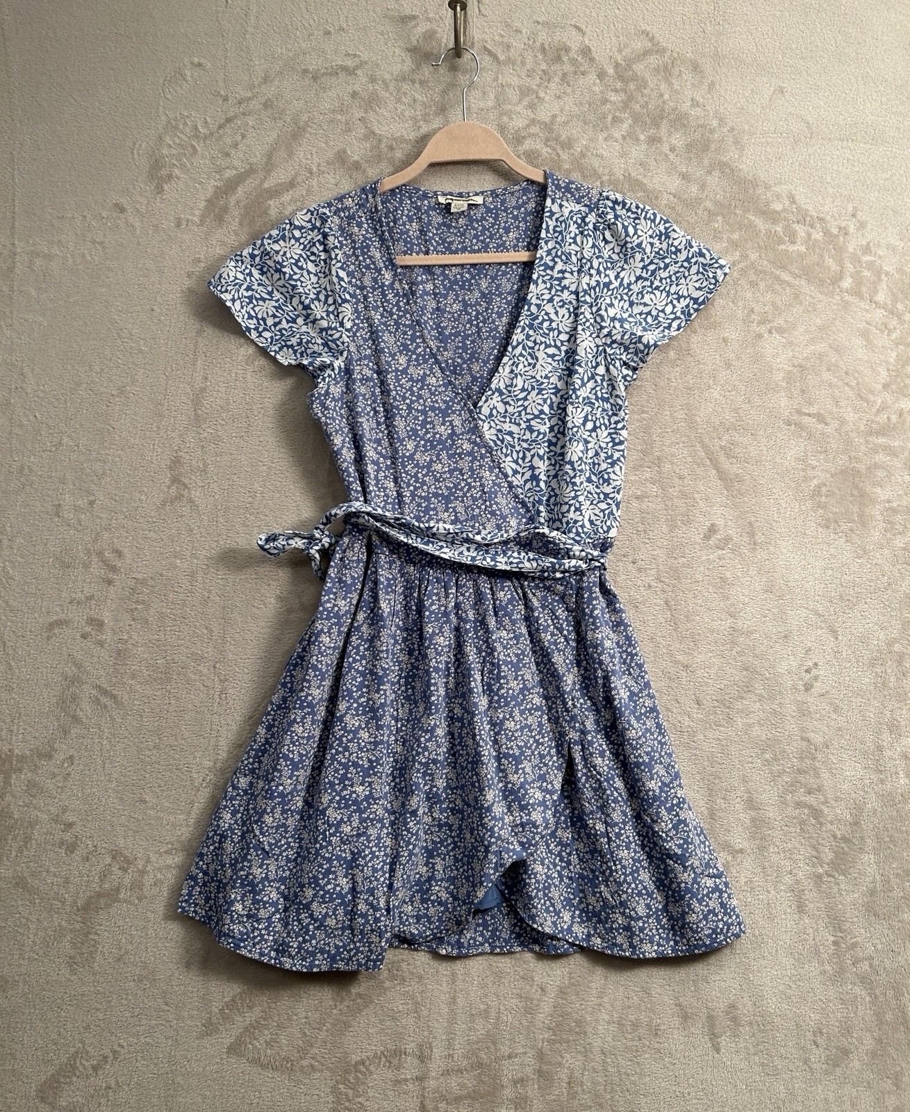 American Eagle Patchwork Blue Floral Wrap Dress S… - image 1
