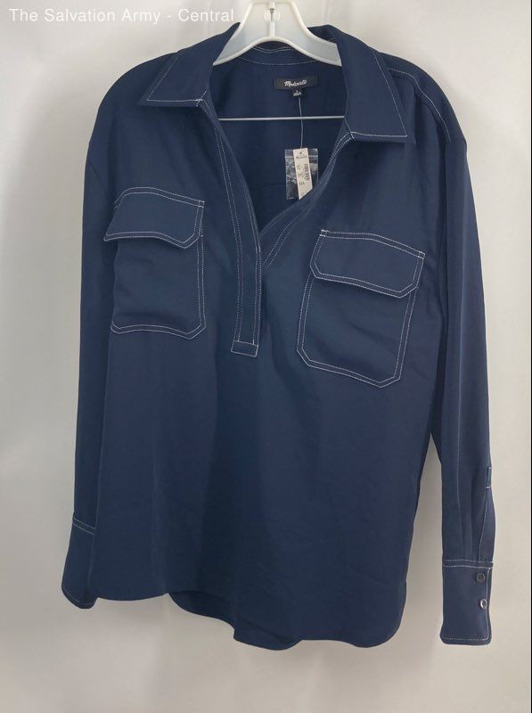 Madewell Womens Blue Long Sleeve Contrast-Stitch Popover Blouse Top Size Large