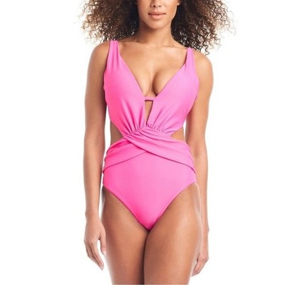 Bar III Women Tropical Pink Cross-Front High Leg One-piece Swimsuit Size XL