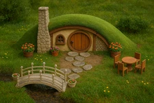 O Scale 1:48 Hobbit House Diorama Set – Matte Brown w/ Bridge and Furniture