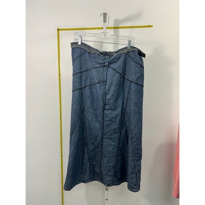 D.I.A. New York Denim Maxi Skirt Blue Paneled Raw Hem Size 16 4V42413