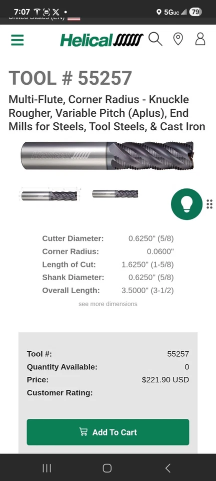 螺旋 55257 5/8 Endmill Rougher 5 长笛 1-5/8LOC R.060 — 第 3/4 张图片