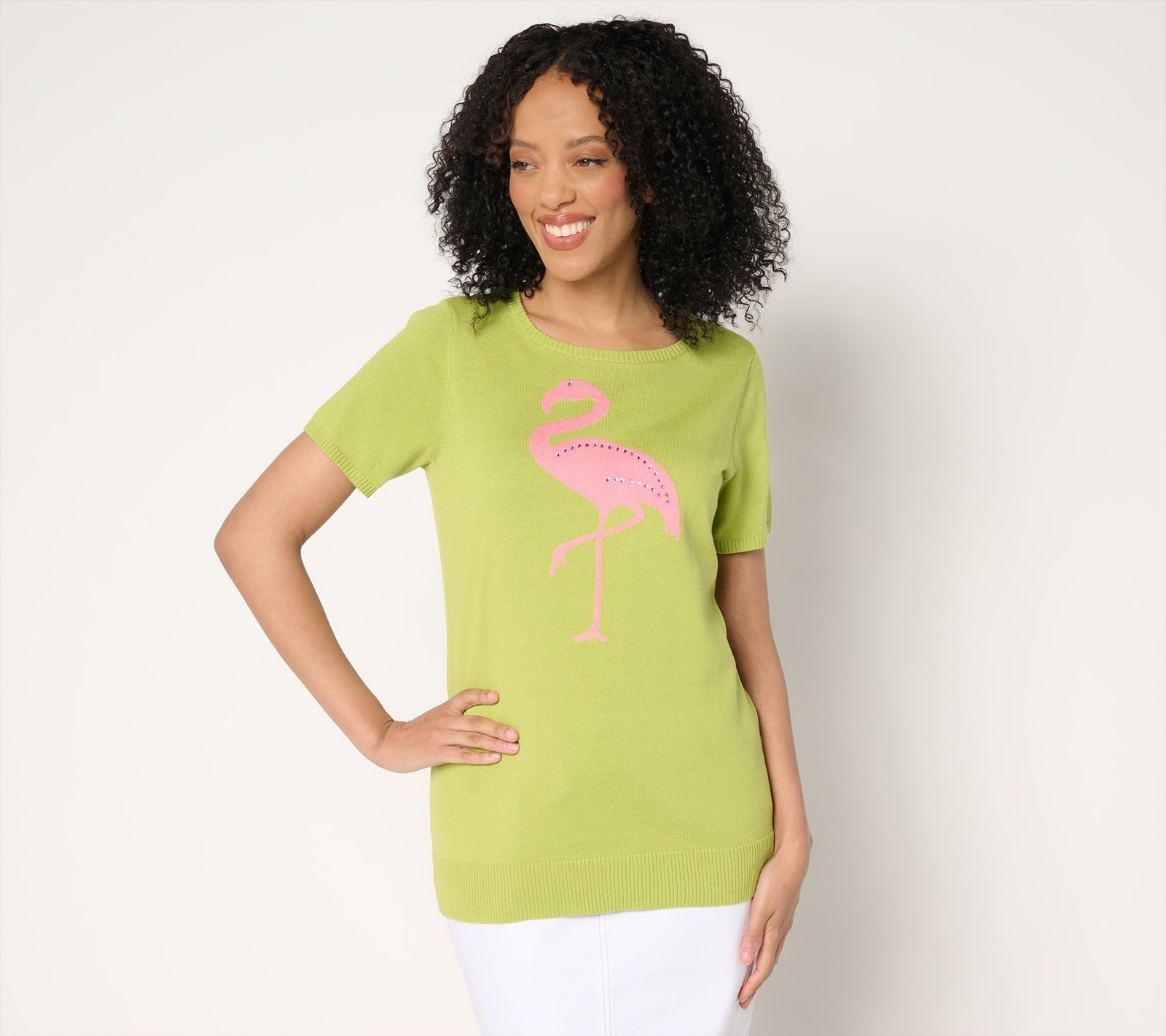Belle by Kim Gravel Women's Top Sweater Sz S Let's Flamingle Green A688206