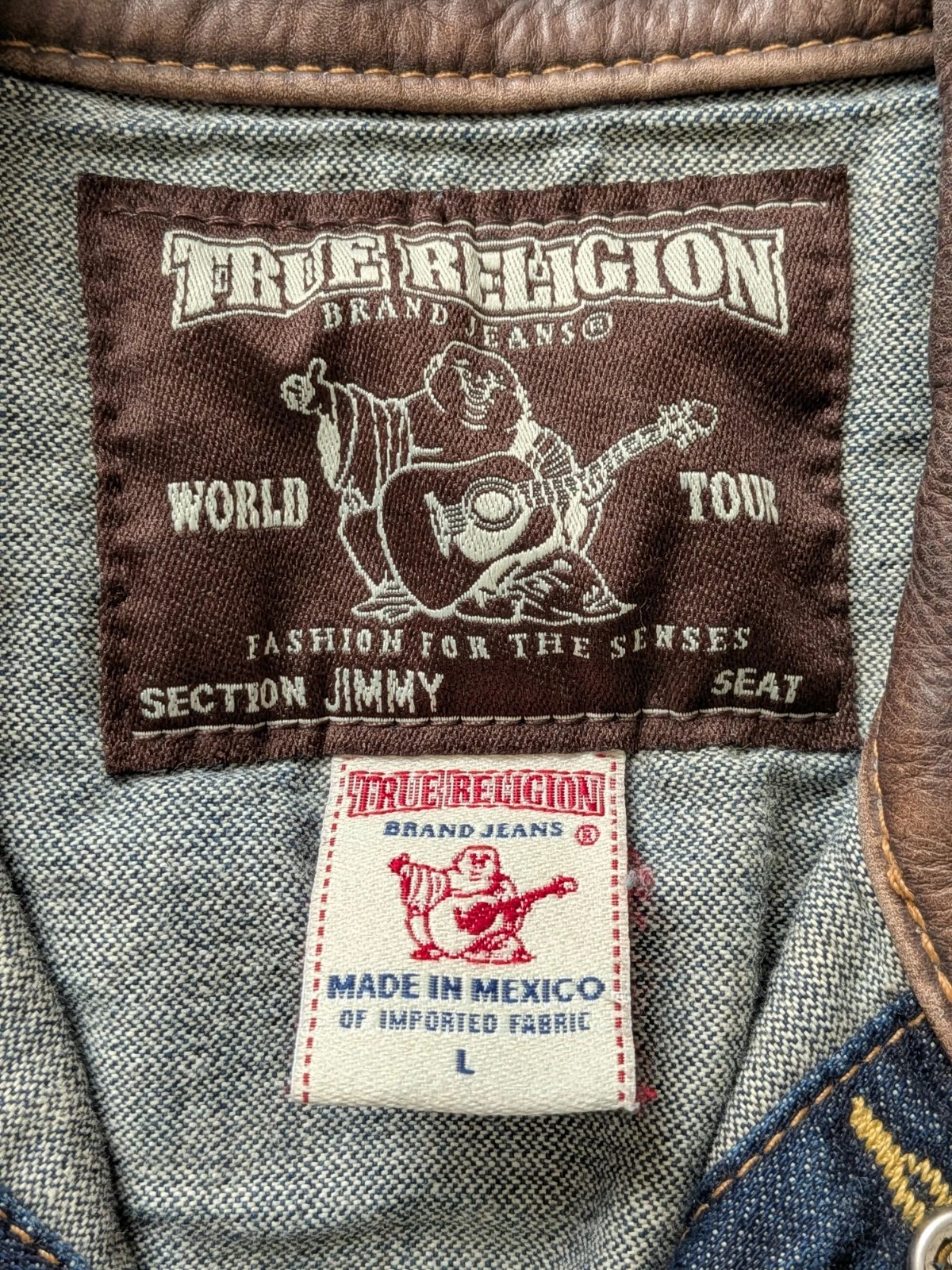 True Religion Jimmy Western Denim Jacket Men Large Genuine Leather Collar & Yoke - product detail image 4
