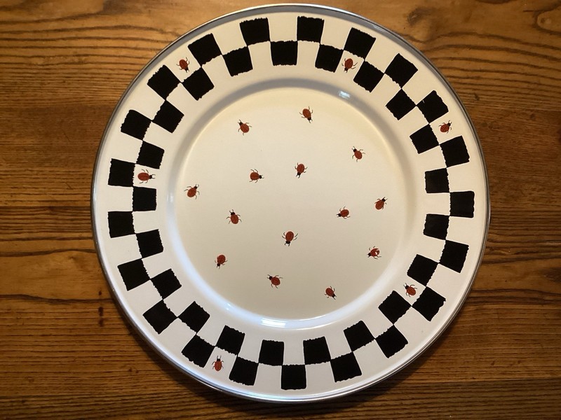 11” The Golden Rabbit Enamelware Black Checkered Lady Bug Plate