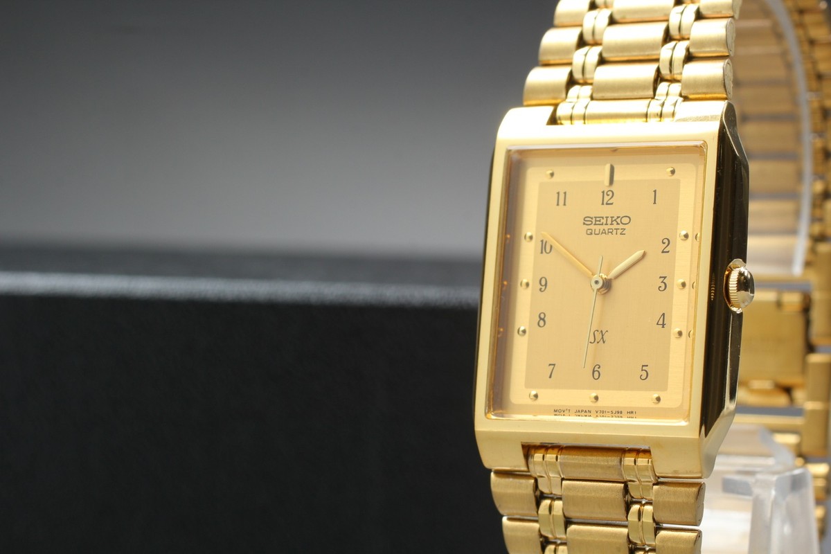 Vintage 1992 Seiko SX V701-5J20 Gold Rectangle Quartz Mens Watch