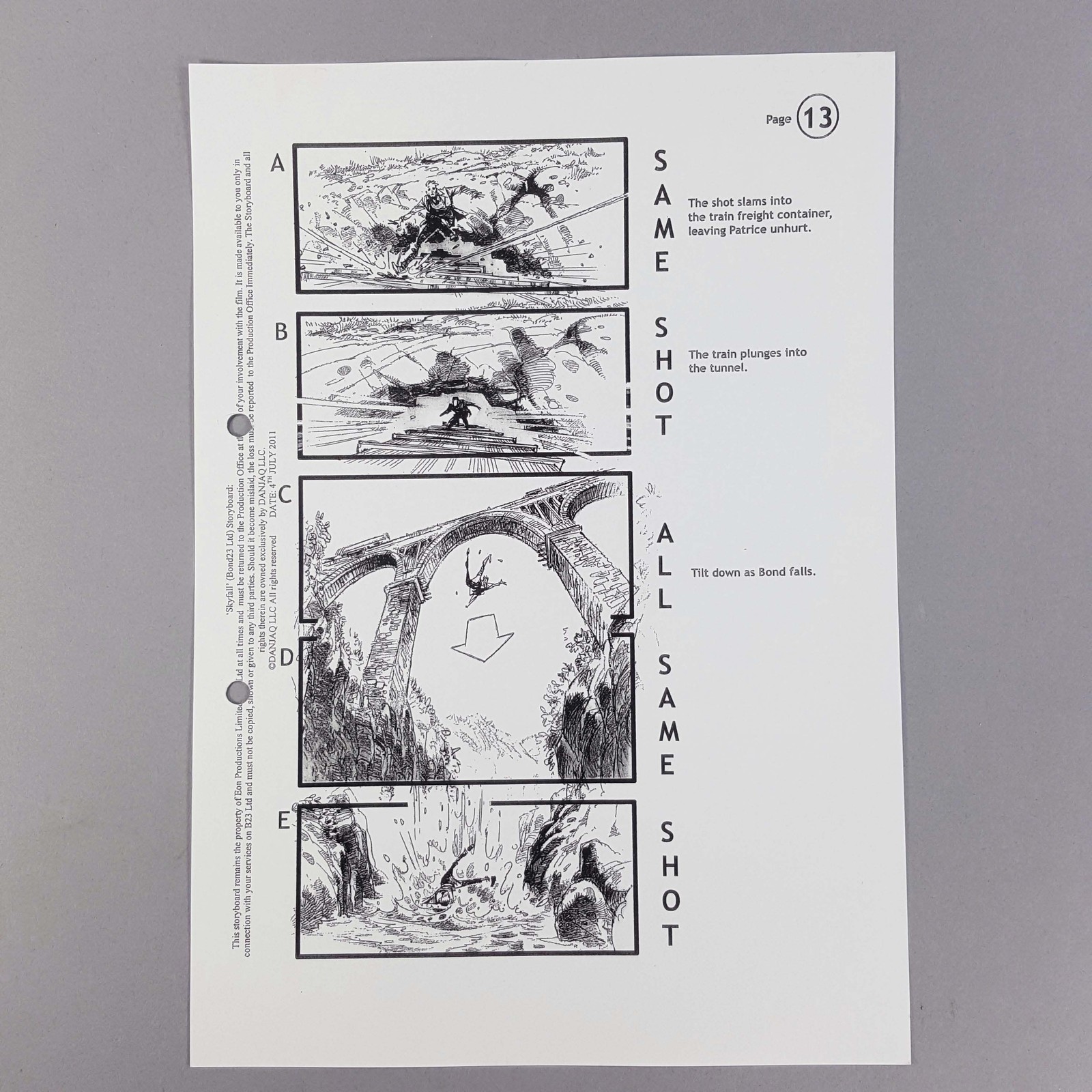 James Bond Skyfall Storyboard Bond Falls From Bridge Into River, Prop COA