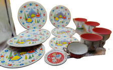 Dutch Swiss girl tin plate cup saucer lot 13 Ohio Art vintage tea set