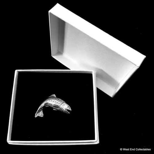 Trout Salmon Fish Silver Pewter Pin Brooch Badge Gift Box Fly Fishing