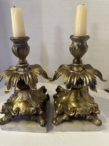 Pair Hollywood Regency Candlestick Holders Marble Base Heavy Vtg Brass Read ⬇️ - Picture 2 of 20