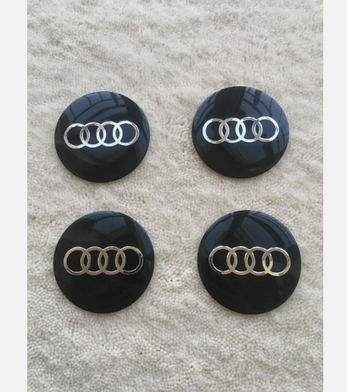 Set of 4 Universal Wheel center caps, 60mm bases & 56mm Audi Black Stickers