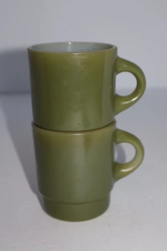 Vintage MCM Fire King Green milk glass tea cup mug anchor hocking Set Of 2