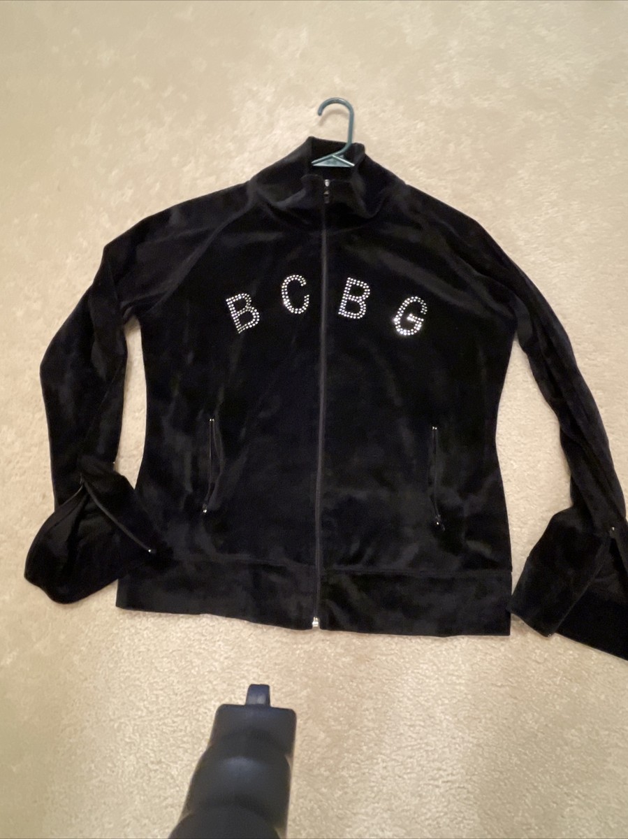 Vintage BCBG Y2K Velour Black Zip Up Track Jacket Womens XL