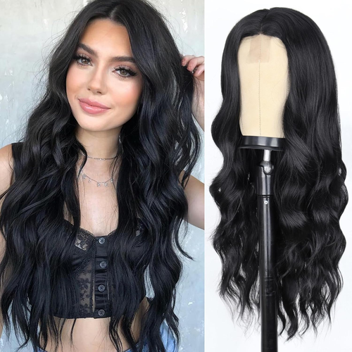 Long Black Wavy Wigs for Women Black Curly Wig with Middle Part Synthetic 26 Inc