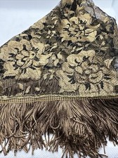 Gold and Black lace shawl with fringe Vintage Japanese scarf Evening shimmer MB