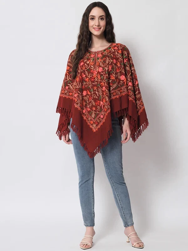 Woolen Kashmiri Poncho With Jaal Embroidery And Silk Lining Traditional Aari Art