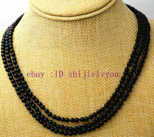 Fashion jewelry 3 rows 4 mm natural black onyx bead necklace 17-19 " - Picture 1 of 3