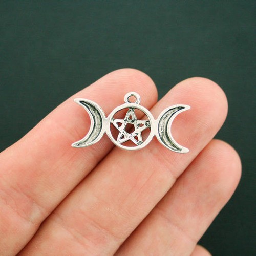 6 Moon Charms Antique Silver Tone Pentagram Triple Moon - SC3442 - Picture 2 of 2