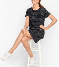 NWT Talbots Camo  Short Sleeve Patch Pocket Dress Pullover Black Gray $89 Sz L