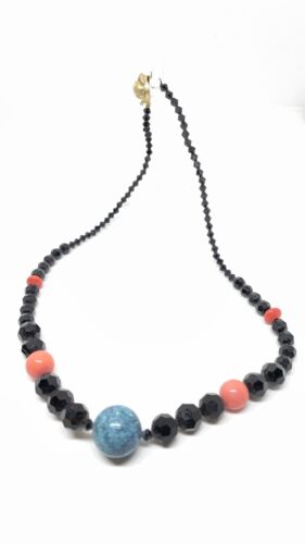 Vtg Black Coral And Blue Glass Beaded 18” Necklace