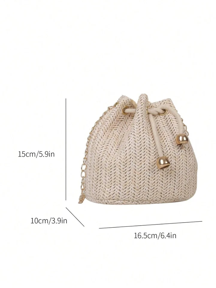 Womens Beige Small Straw Bag Gold Chain Strap Summer Holiday Beach Party Gift - Image 4 of 4