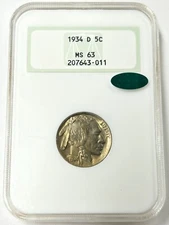 1934 D Buffalo Nickel NGC MS63 CAC Green Toned/Old Fatty Holder (NGC Pop 303)