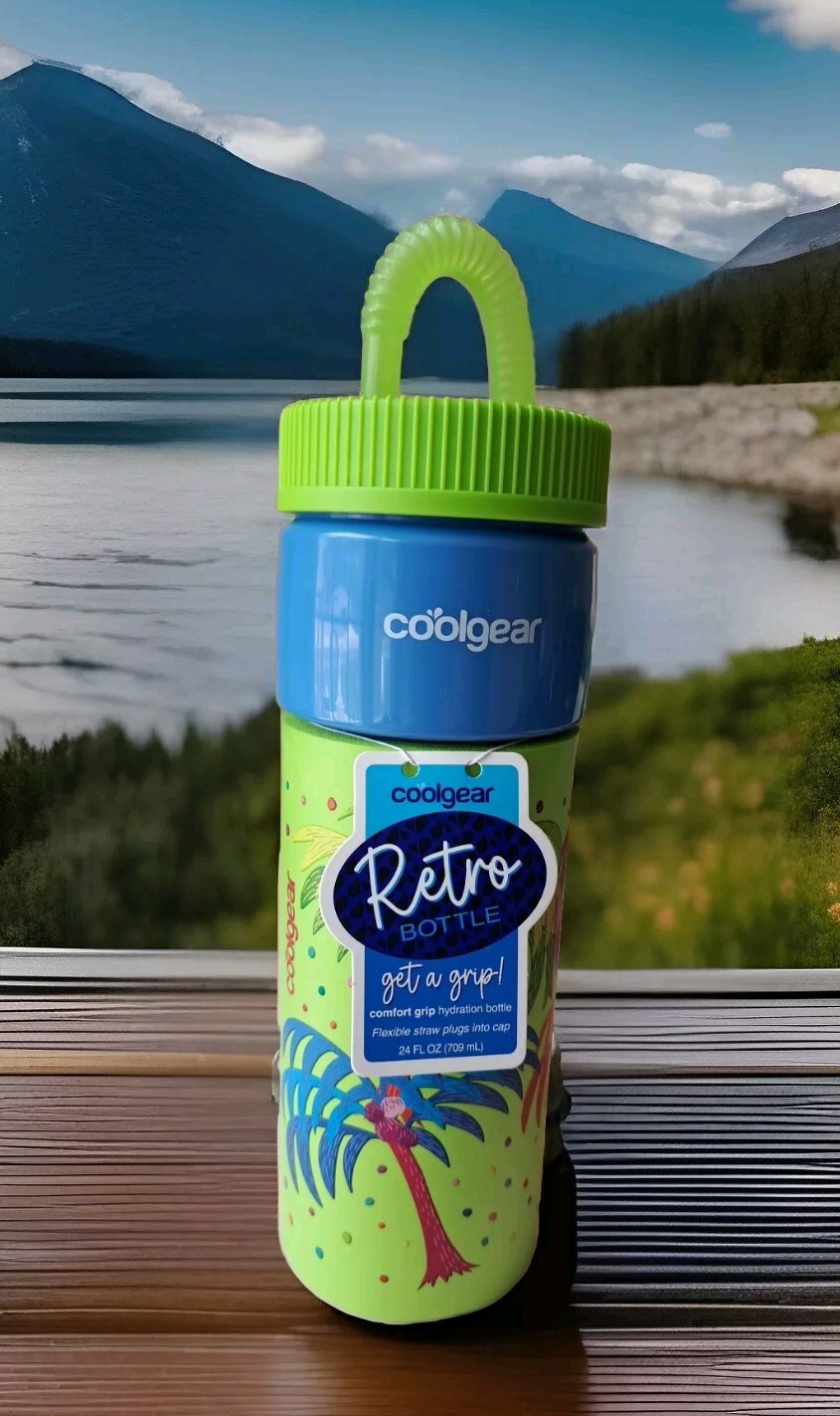 Cool Gear Retro Water Bottle Comfort Grip Flexible Straw Green Palm Trees 24 Oz!