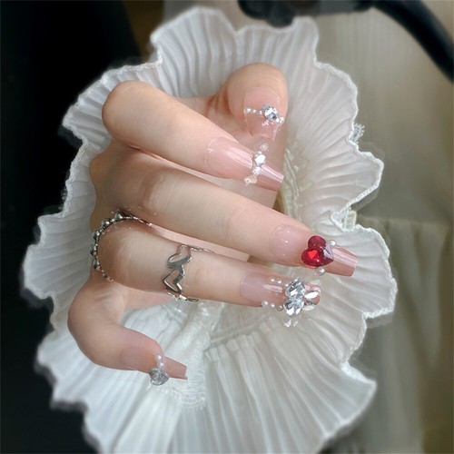 Long Coffin PressOn False Nails Diamonds Heart French Wedding Manicure