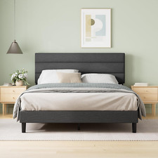 King Piper Upholstered Platform Bed with Horizontal Paneled Headboard, Wooden Sl