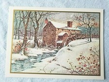 Vintage Christmas Card "Old Mill" 5x7 Famous Artists Made In The USA