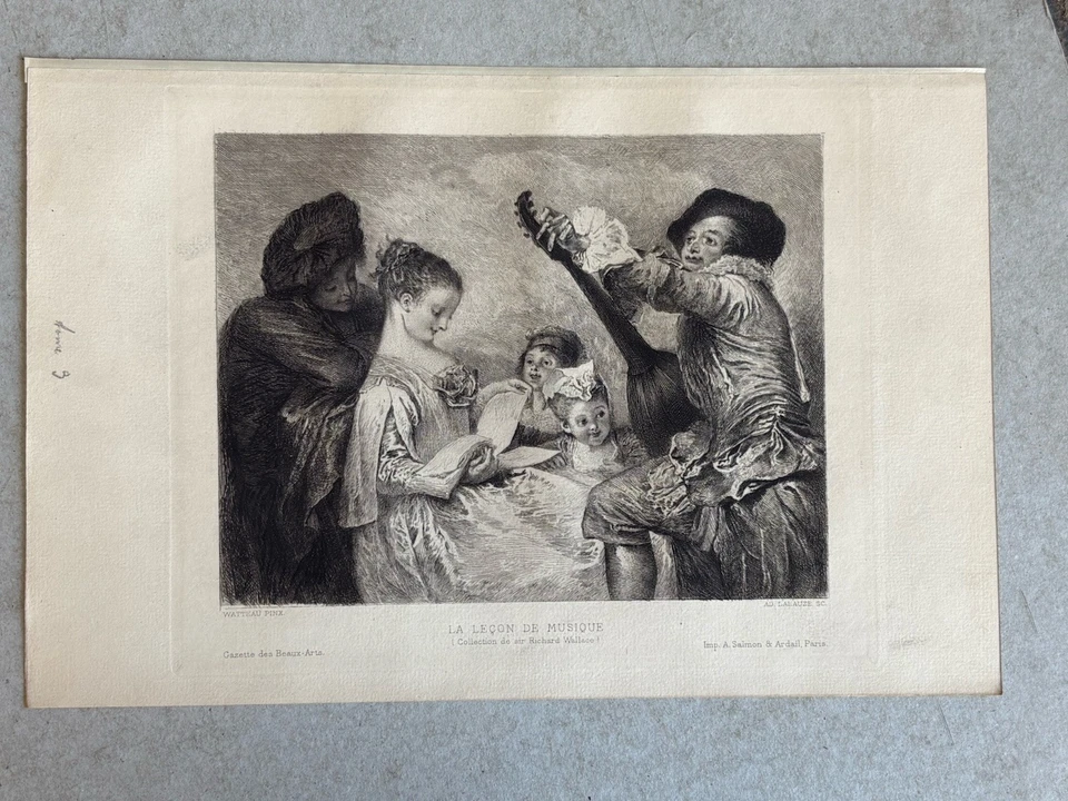 Antoine Watteau gravure Eau Forte Etching La Leçon De Musique Guitare Vihuela - Photo 2/4