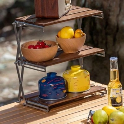 3 Tier Folding Camping Storage Rack Wood Kitchen Organizer Carry Bag