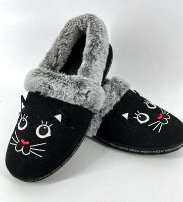 Skechers Bobs Slippers Sz 10 Too Cozy Meow Pajamas Black & Gray Cat Face Fuzzy