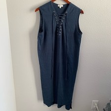 Umgee Navy Burnout High Slit Dress Trendy Casual Lagenlook Boho Large