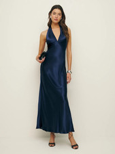 Reformation Navy Silk Satin Halter Backless M...