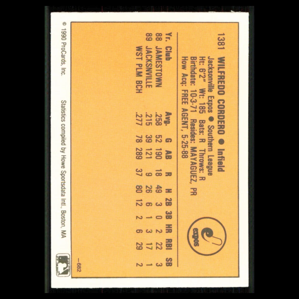 Wil Cordero #1381 1990 ProCards Jacksonville Expos Baseball Card MLB NM - Image 2 of 3